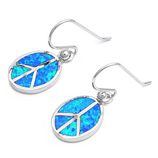 Peace Sign Hanging Earrings Blue Simulated Opal .925 Sterling Silver