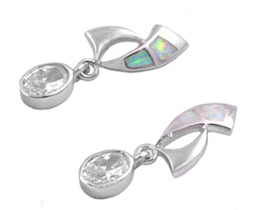 Hanging Oval Earrings Clear Simulated CZ White Simulated Opal .925 Sterling Silver