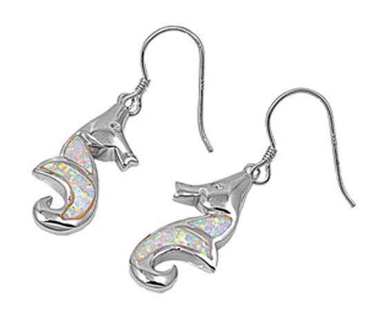 Seahorse Earrings White Simulated Opal .925 Sterling Silver