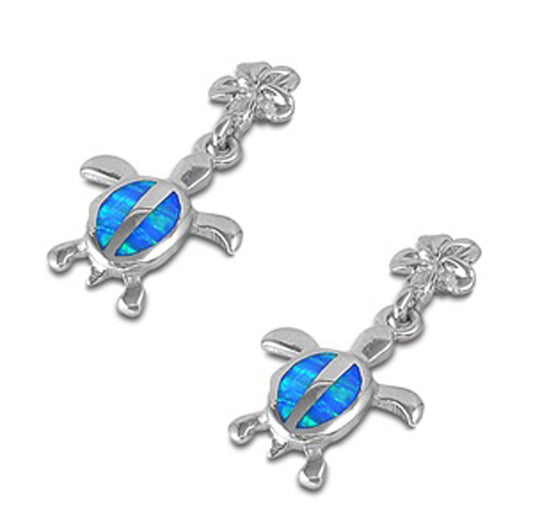 Plumeria Turtle Hanging Earrings Blue Simulated Opal .925 Sterling Silver
