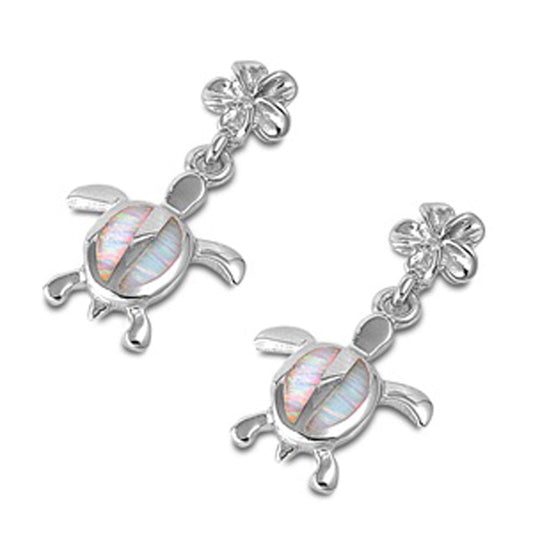 Plumeria Turtle Hanging Earrings White Simulated Opal .925 Sterling Silver