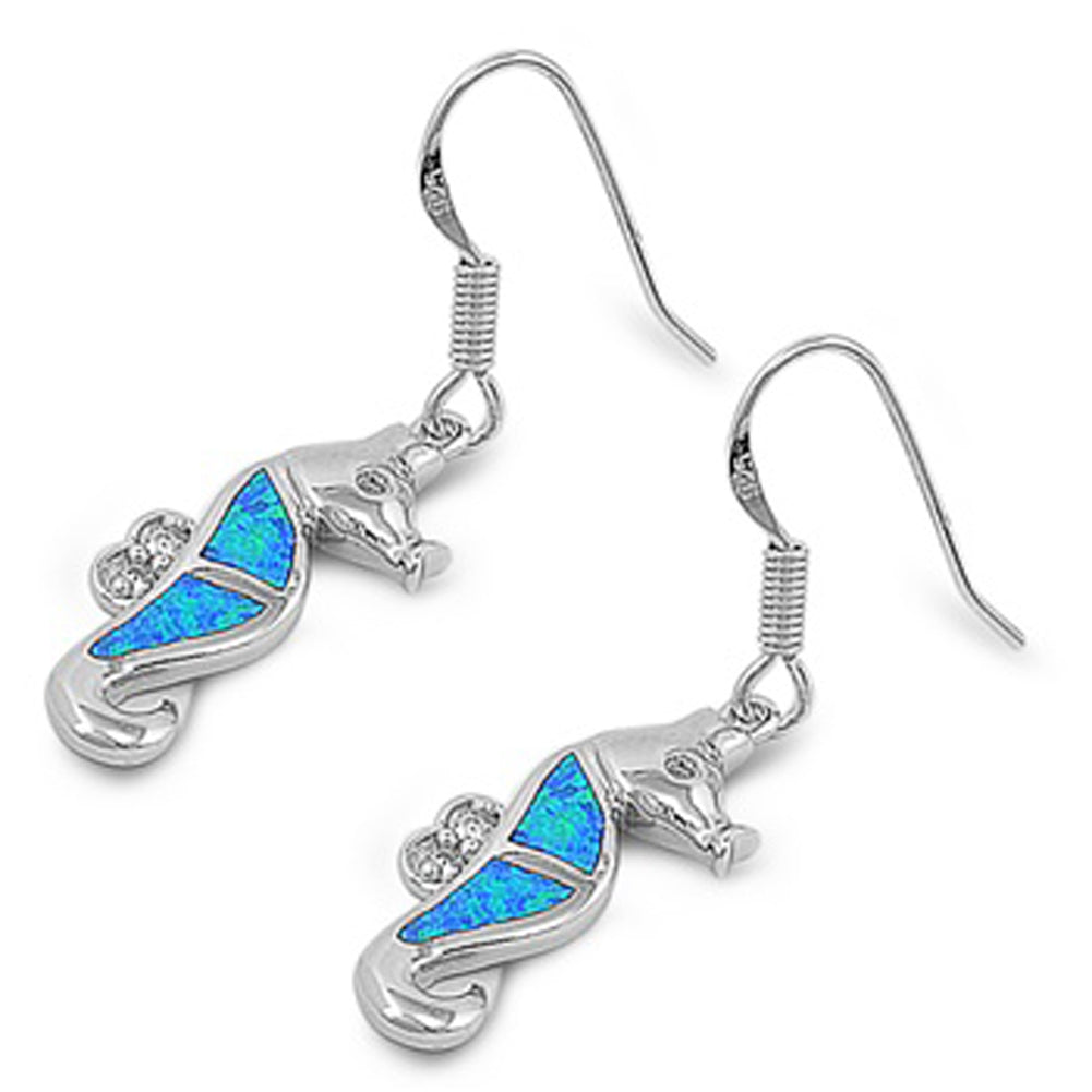 Art Deco High Polish Seahorse Seashell Blue Simulated Opal Clear Simulated CZ .925 Sterling Silver Earrings