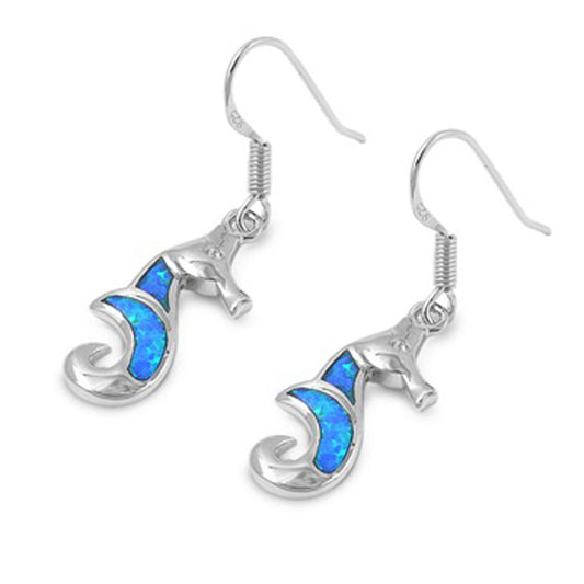 Seahorse Earrings Blue Simulated Opal .925 Sterling Silver