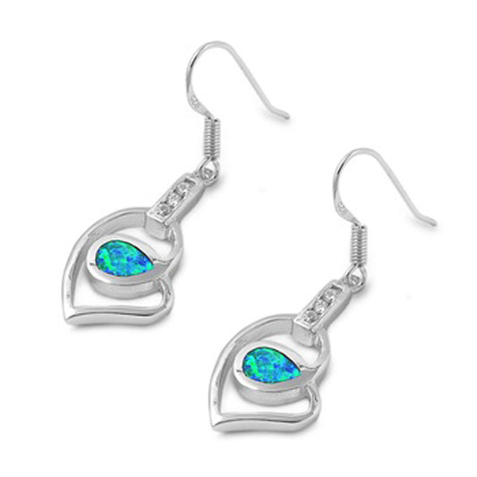 Heart Earrings Blue Simulated Opal Clear Simulated CZ .925 Sterling Silver