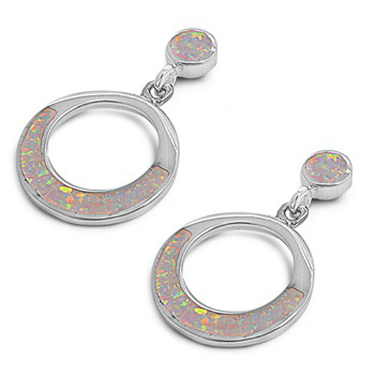 Hanging Circle Earrings White Simulated Opal .925 Sterling Silver