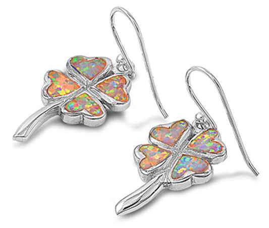 Heart Clover Earrings White Simulated Opal .925 Sterling Silver