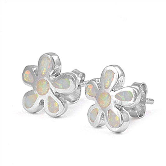 Flower Plumeria Earrings White Simulated Opal .925 Sterling Silver