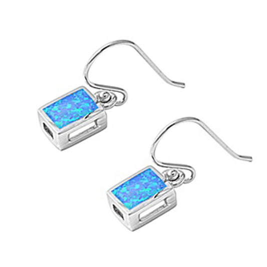 Rectangle Hanging Earrings Blue Simulated Opal .925 Sterling Silver