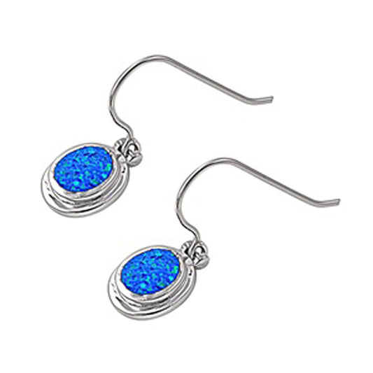 Oval Hanging Earrings Blue Simulated Opal .925 Sterling Silver