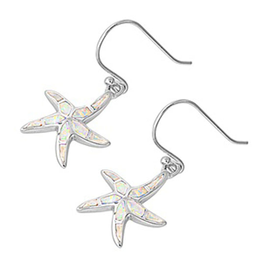 Starfish Hanging Earrings White Simulated Opal .925 Sterling Silver