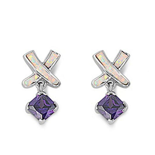 X Hanging Earrings Simulated Amethyst White Simulated Opal .925 Sterling Silver