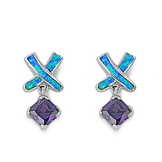 X Hanging Earrings Simulated Amethyst Blue Simulated Opal .925 Sterling Silver