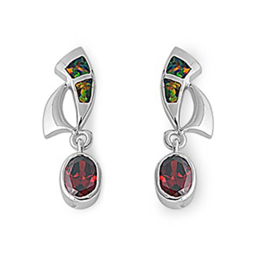 Oval Hanging Earrings Simulated Garnet Mystic Simulated Opal .925 Sterling Silver