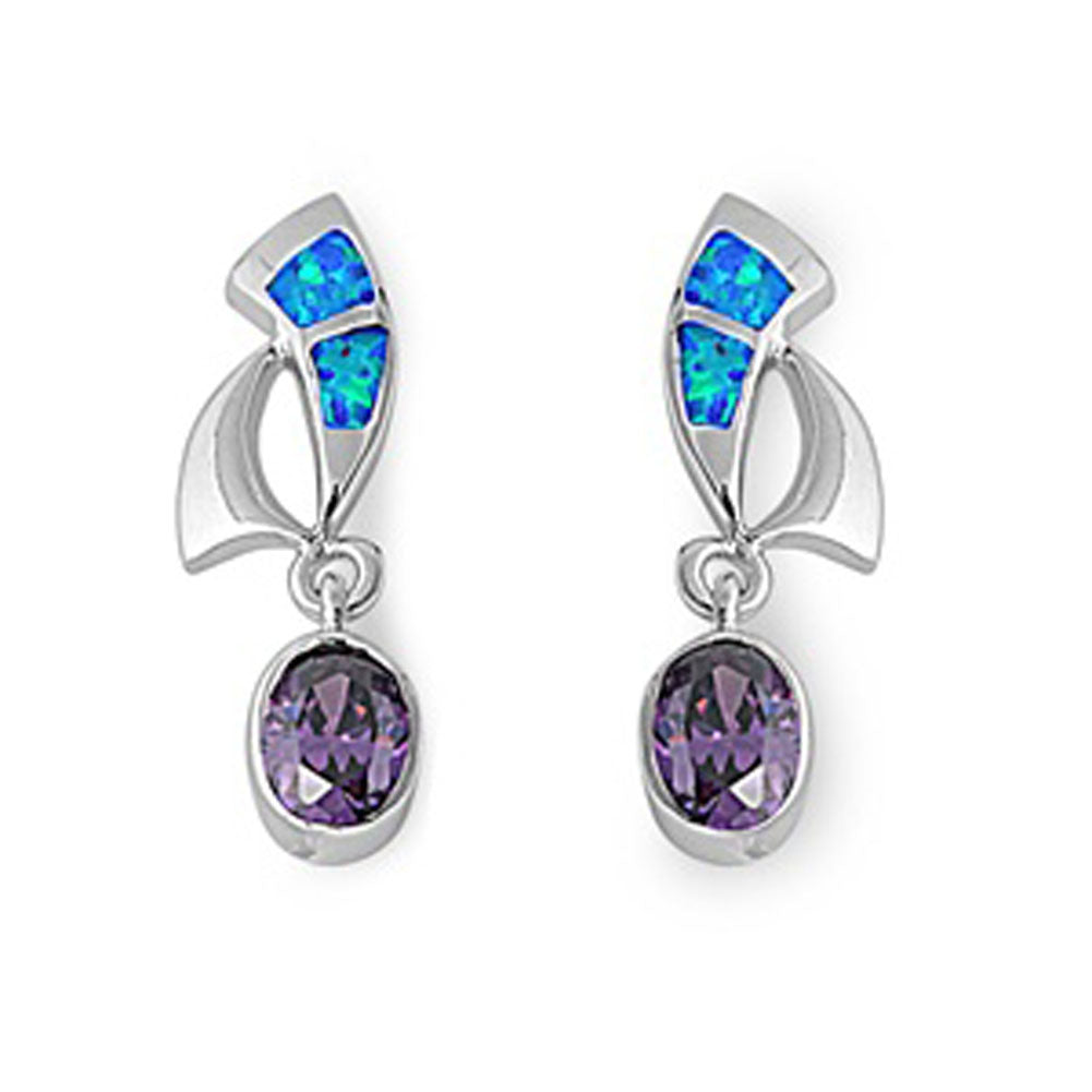 Oval Hanging Earrings Simulated Amethyst Blue Simulated Opal .925 Sterling Silver