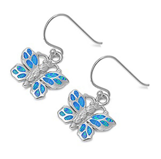 Butterfly Hanging Earrings Blue Simulated Opal .925 Sterling Silver
