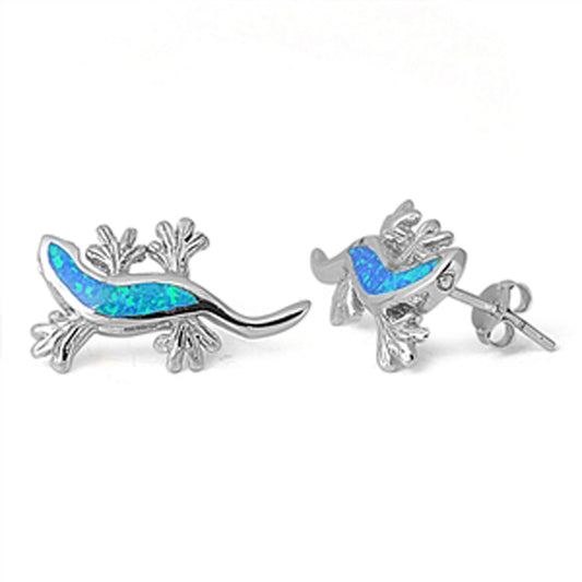 Animal Crawling Lizard Reptile Blue Simulated Opal .925 Sterling Silver Earrings