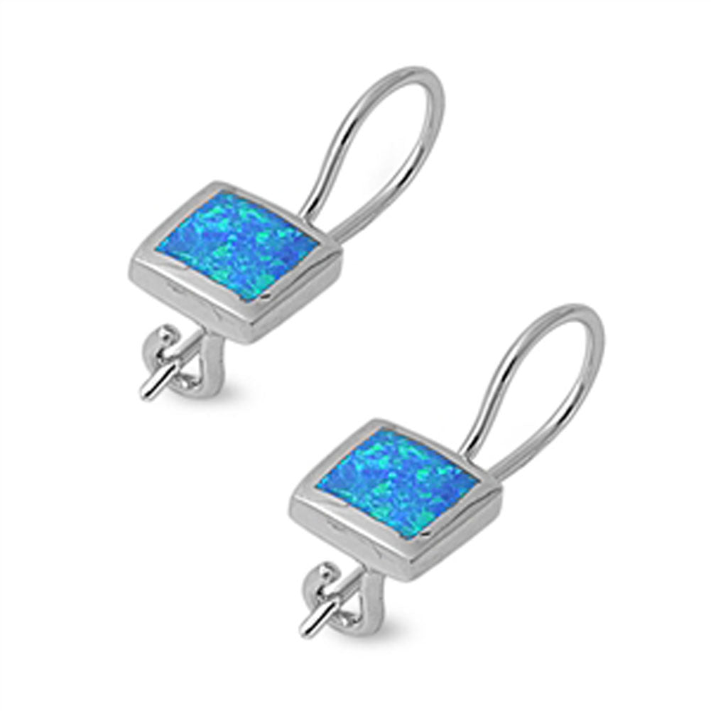 Square Earrings Blue Simulated Opal .925 Sterling Silver