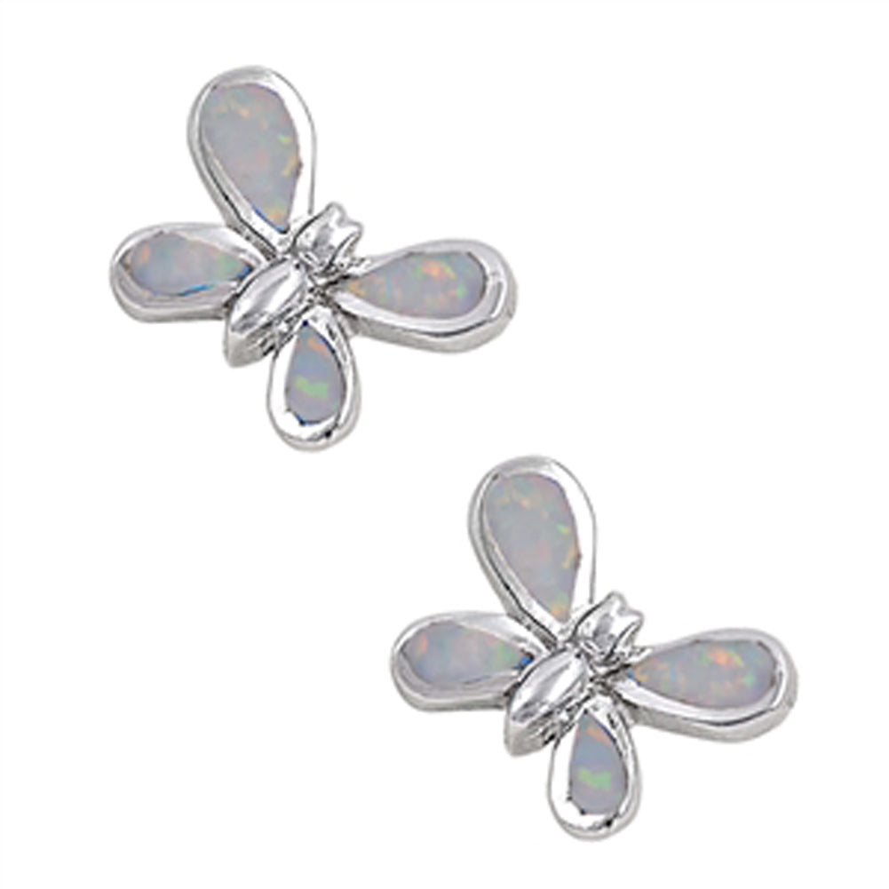Teardrop Wing High Polish Butterfly Insect White Simulated Opal .925 Sterling Silver Earrings