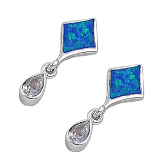 Teardrop Hanging Earrings Clear Simulated CZ Blue Simulated Opal .925 Sterling Silver