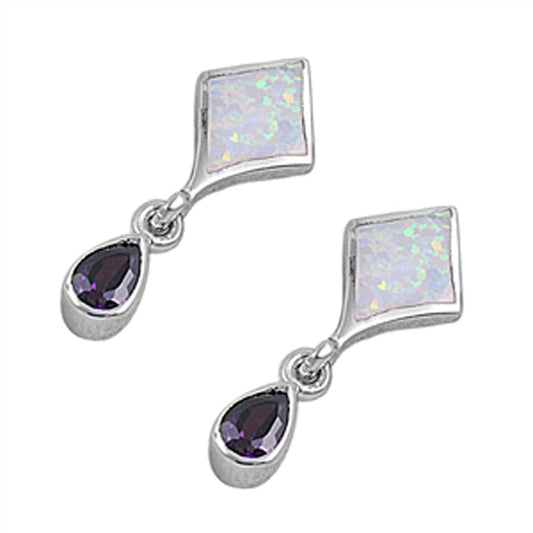 Teardrop Hanging Earrings Simulated Amethyst White Simulated Opal .925 Sterling Silver