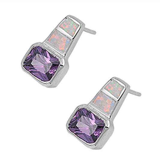 Rectangle Earrings Simulated Amethyst White Simulated Opal .925 Sterling Silver