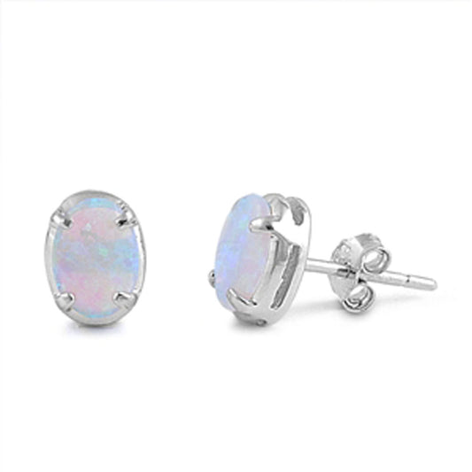 Oval Earrings White Simulated Opal .925 Sterling Silver