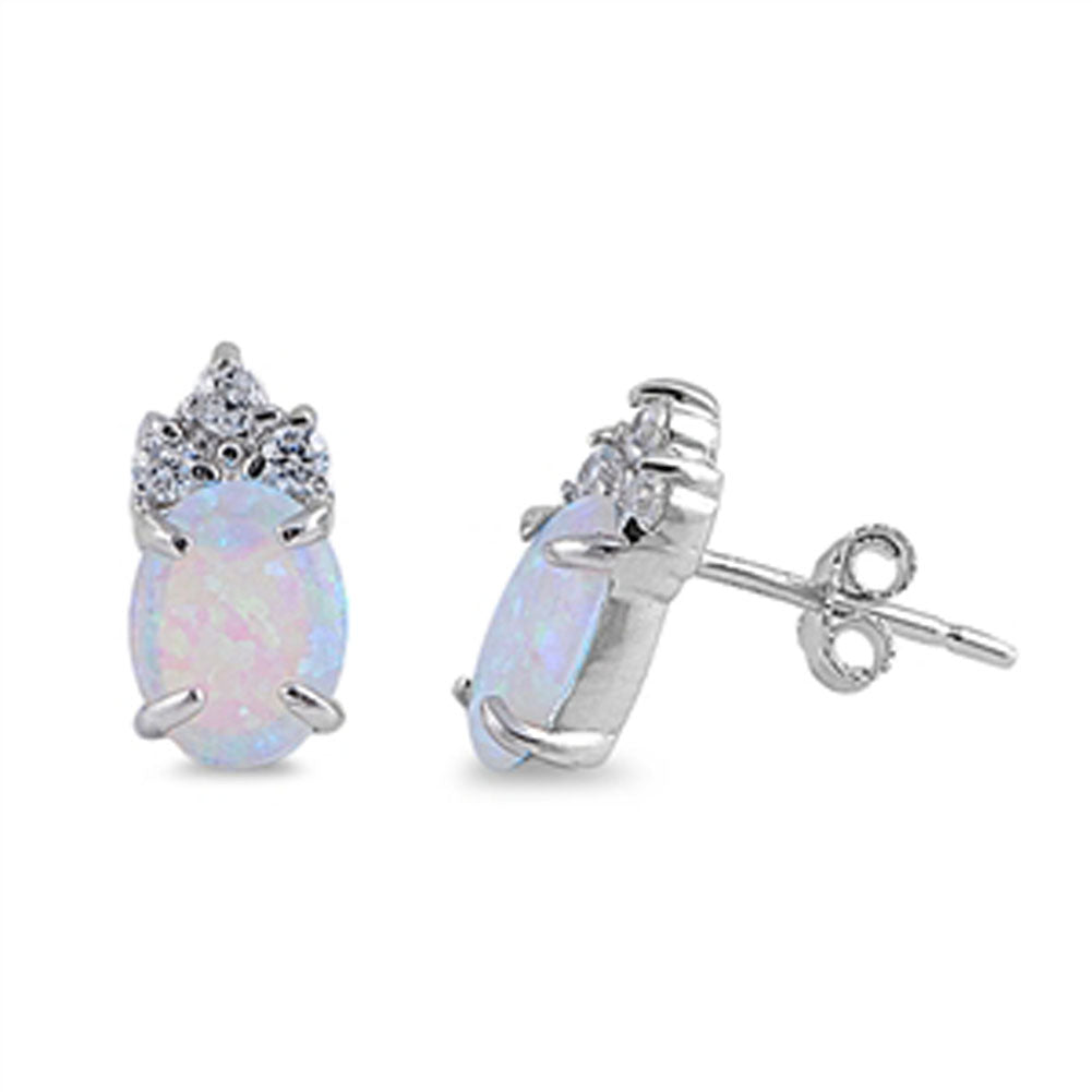 Oval Earrings White Simulated Opal Clear Simulated CZ .925 Sterling Silver