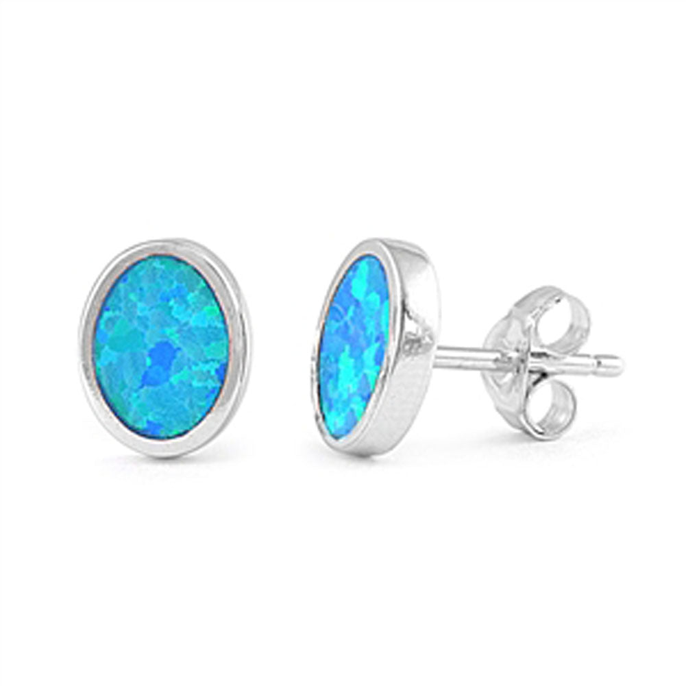 Oval Earrings Blue Simulated Opal .925 Sterling Silver