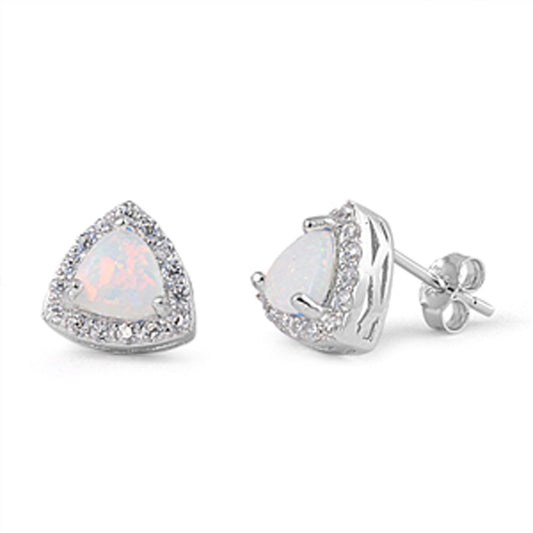 Studded Border Vintage Triangle Sparkly White Simulated Opal .925 Sterling Silver Earrings