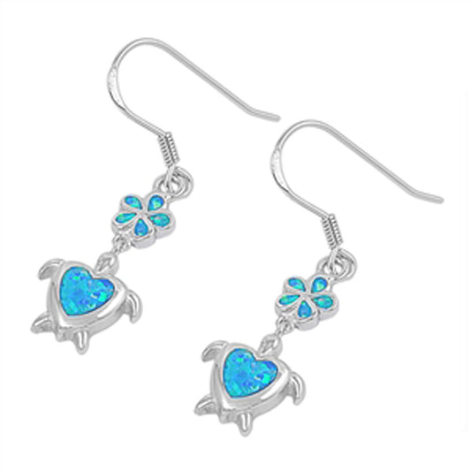 Plumeria Turtle Hanging Earrings Blue Simulated Opal .925 Sterling Silver