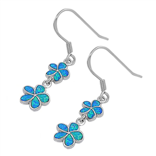 Flower Plumeria Hanging Earrings Blue Simulated Opal .925 Sterling Silver