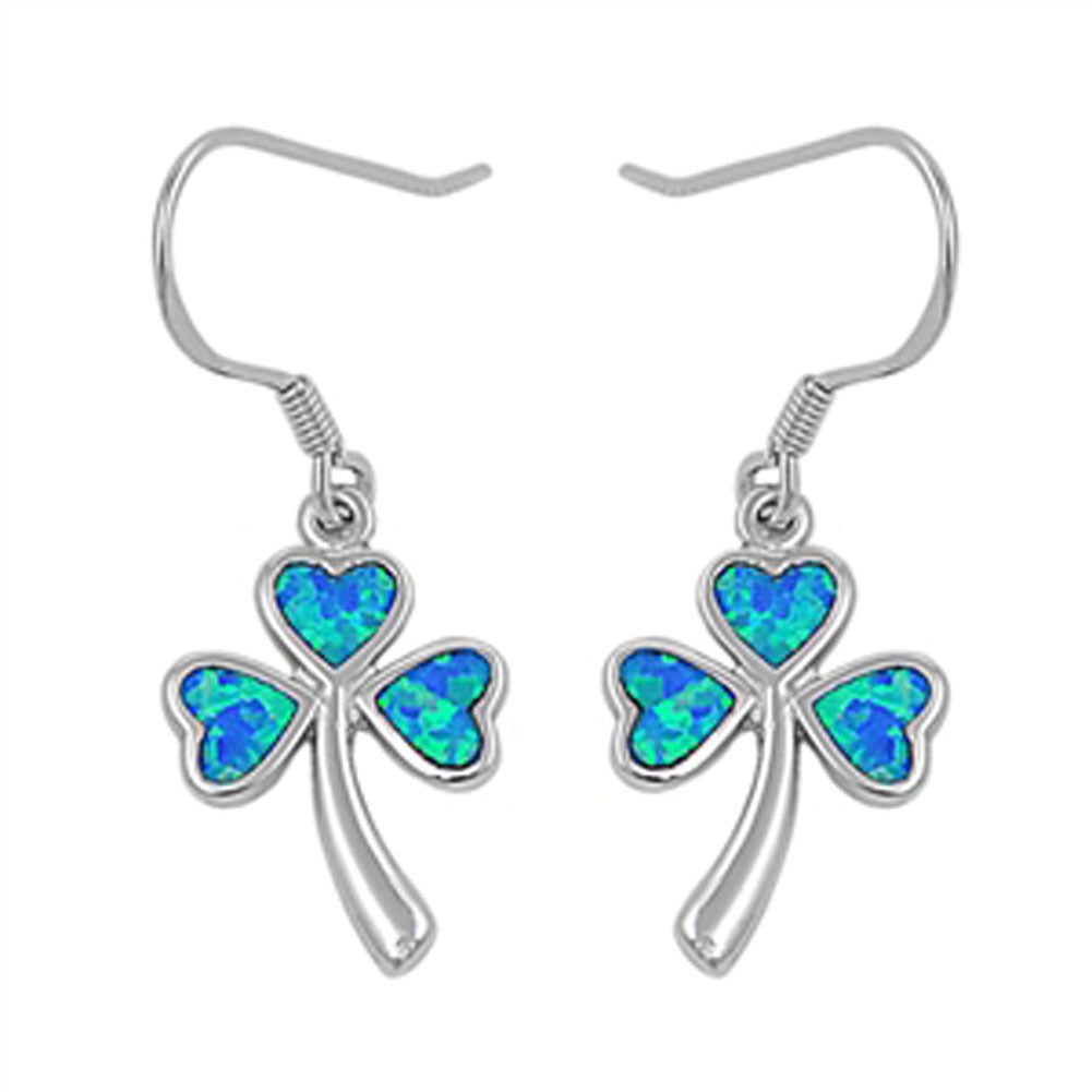 Heart Clover Hanging Earrings Blue Simulated Opal .925 Sterling Silver