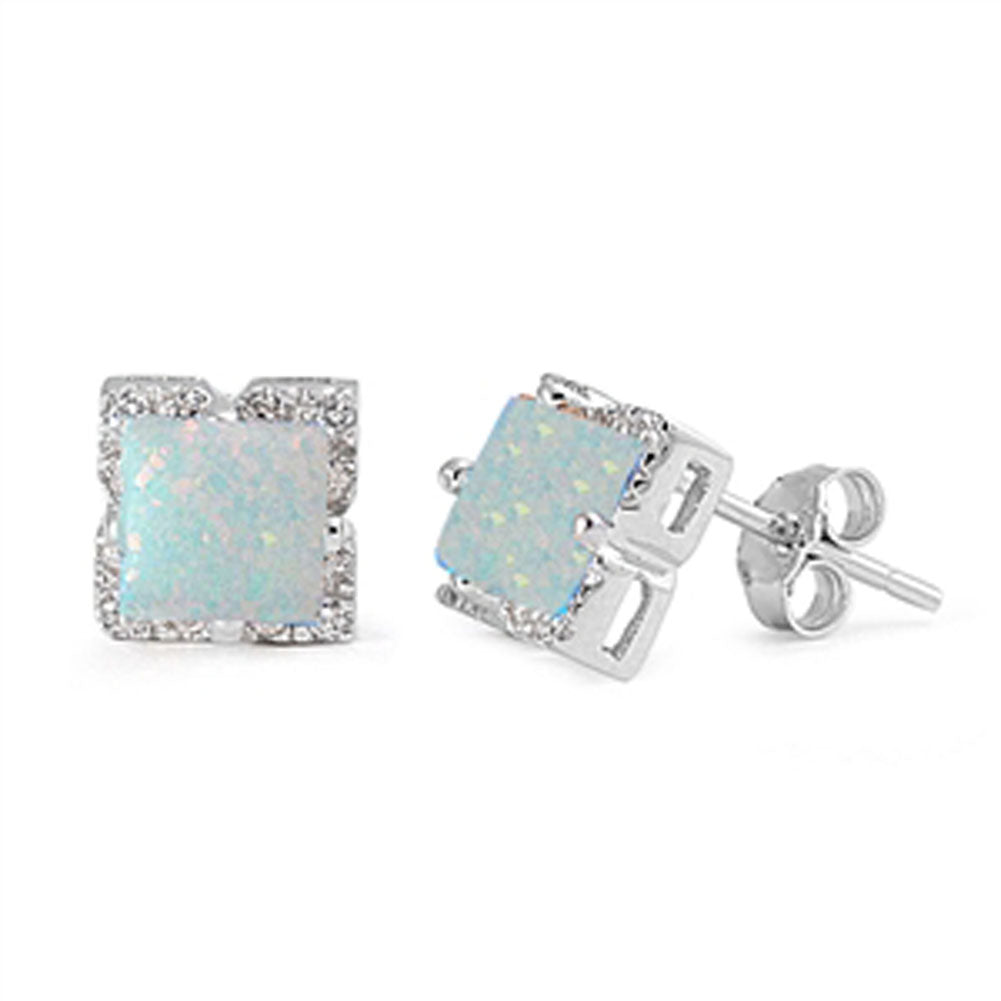 Halo Square Earrings White Simulated Opal Clear Simulated CZ .925 Sterling Silver