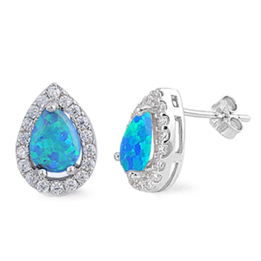 Rain Drop Old Fashioned Teardrop Vintage Style Blue Simulated Opal Clear Simulated CZ .925 Sterling Silver Earrings