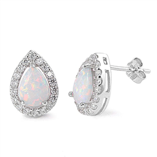 Halo Teardrop Earrings White Simulated Opal Clear Simulated CZ .925 Sterling Silver