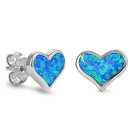 Heart Earrings Blue Simulated Opal .925 Sterling Silver