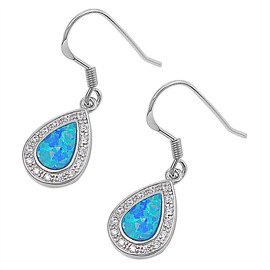 Halo Teardrop Hanging Earrings Blue Simulated Opal Clear Simulated CZ .925 Sterling Silver