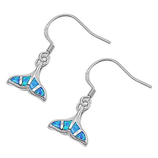 Whale Tail Hanging Earrings Blue Simulated Opal .925 Sterling Silver