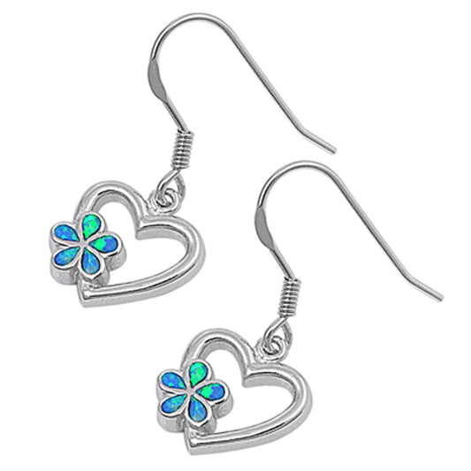 Plumeria Heart Hanging Earrings Blue Simulated Opal .925 Sterling Silver