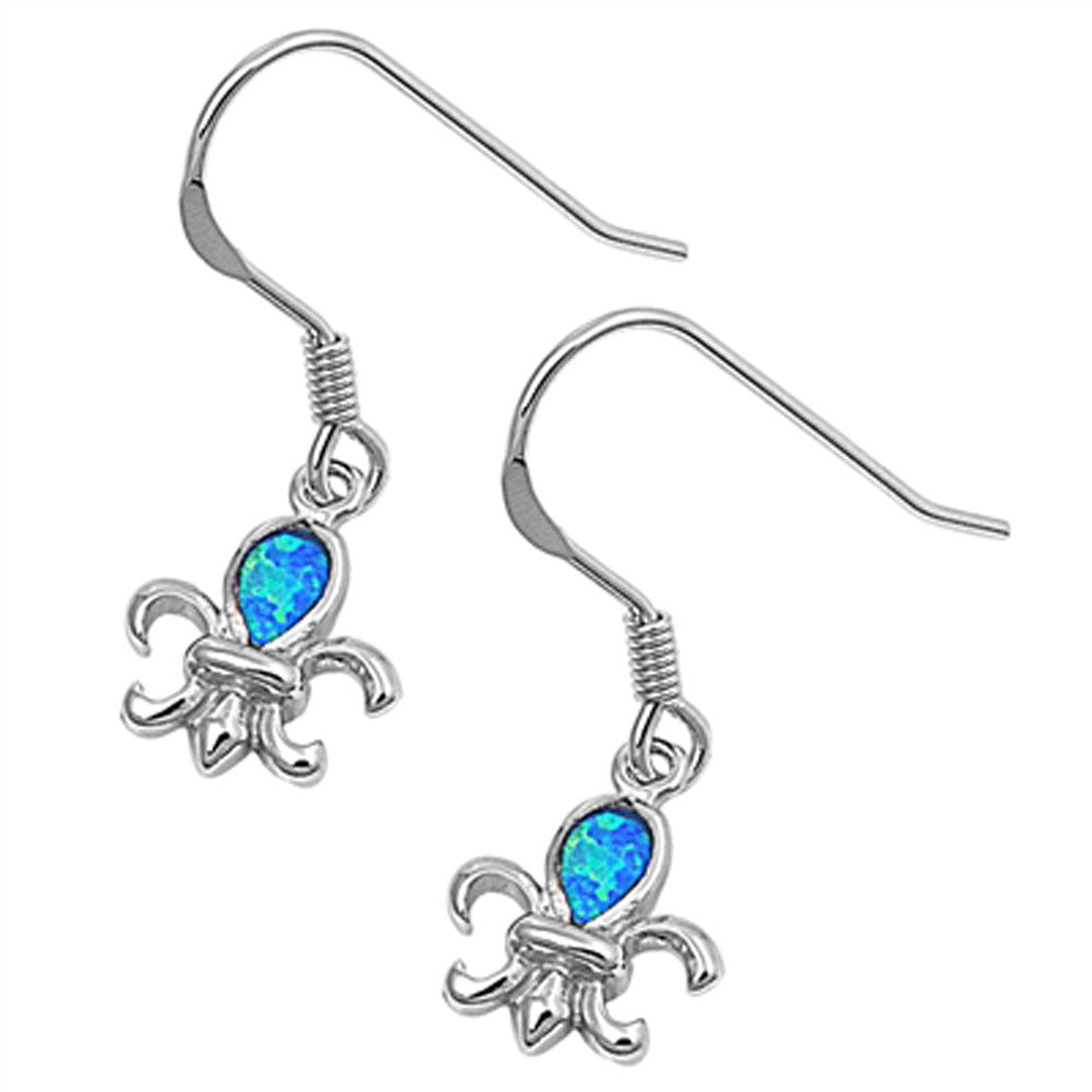 Fleur De Lis Hanging Earrings Blue Simulated Opal .925 Sterling Silver