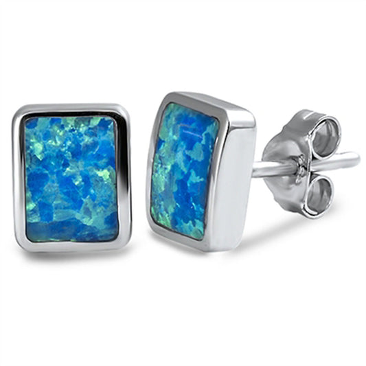 Rectangle Earrings Blue Simulated Opal .925 Sterling Silver