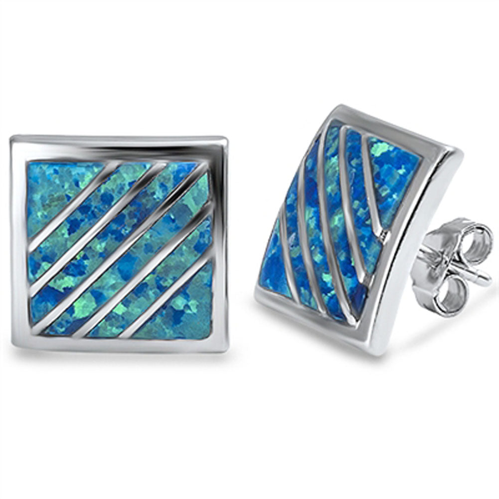 Square Bar Earrings Blue Simulated Opal .925 Sterling Silver