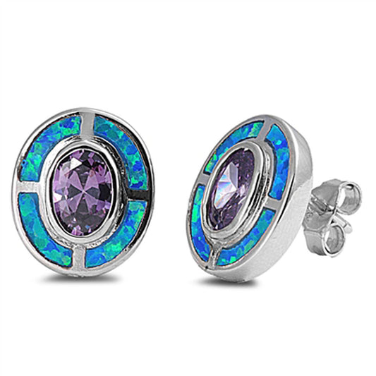 Halo Oval Earrings Simulated Amethyst Blue Simulated Opal .925 Sterling Silver