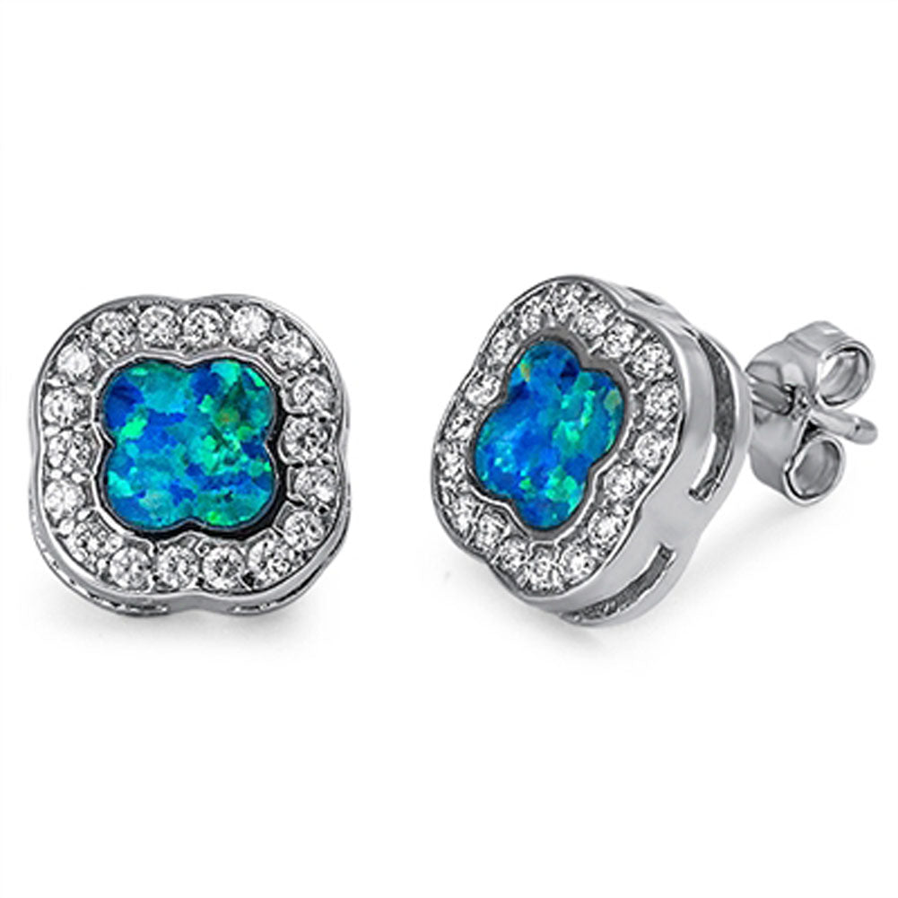 Flower Halo Earrings Blue Simulated Opal Clear Simulated CZ .925 Sterling Silver