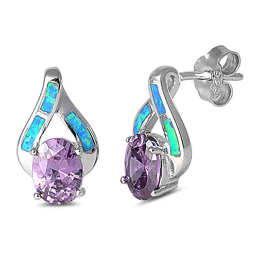 Oval Earrings Simulated Amethyst Blue Simulated Opal .925 Sterling Silver