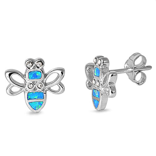 Minimalist Animal Modern Bumble Bee Studded Bug Blue Simulated Opal .925 Sterling Silver Earrings