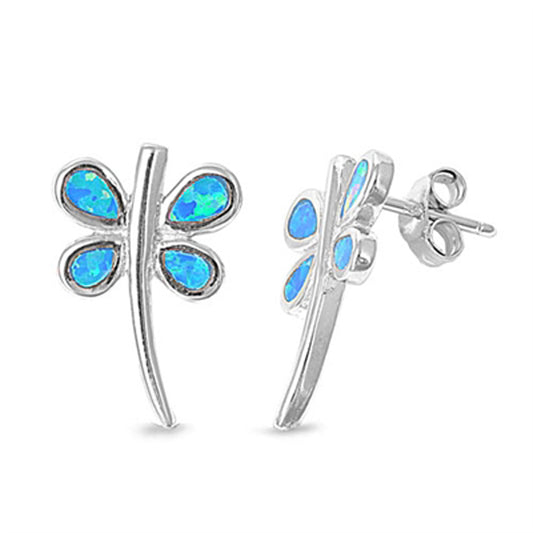 Teardrop Wing Minimalist Dragonfly Insect Blue Simulated Opal .925 Sterling Silver Earrings