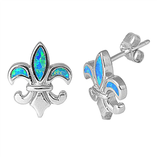 Fleur De Lis Earrings Blue Simulated Opal .925 Sterling Silver