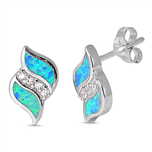 Wave Earrings Blue Simulated Opal Clear Simulated CZ .925 Sterling Silver