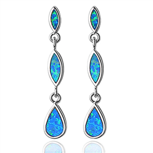 Almond Teardrop Stacked Shape Dangle Fashion Statement Blue Simulated Opal .925 Sterling Silver Earrings